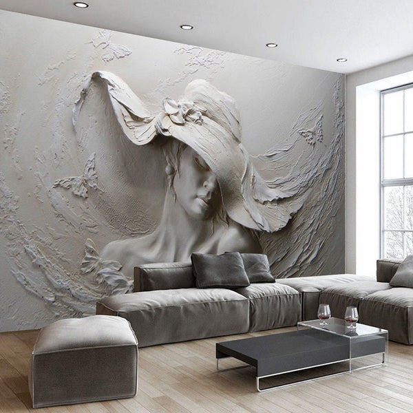 Stereoscopic Embossed Gray Beauty Oil Painting Wallpaper