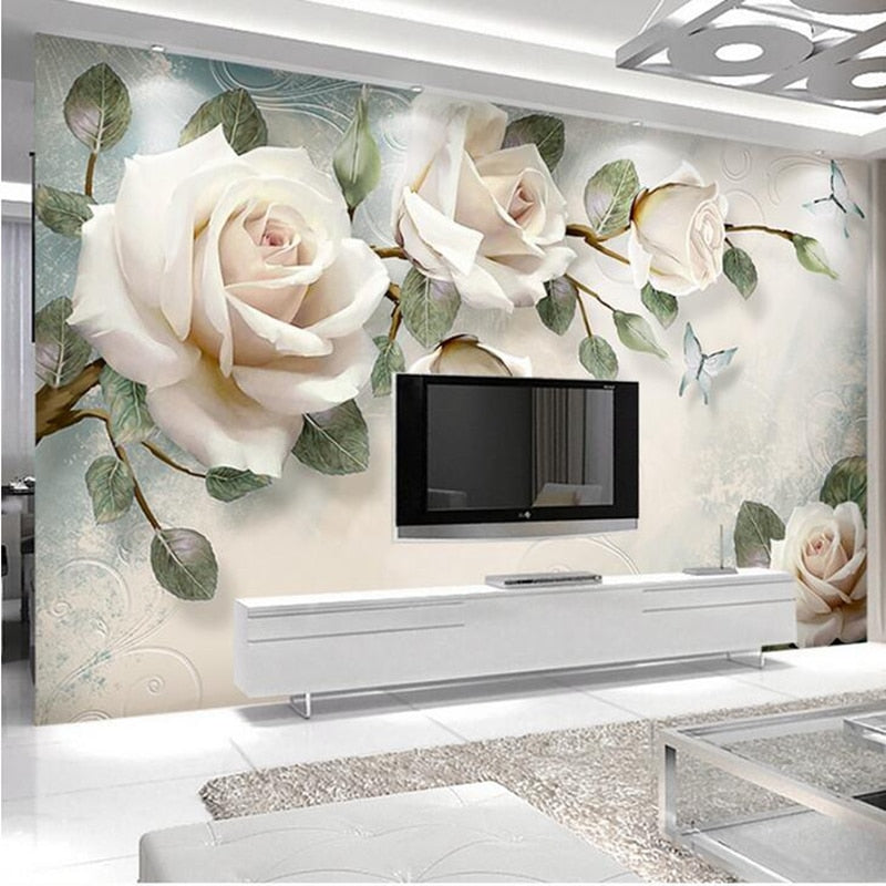 3D Custom Mural Painting White Rose Flowers Paper